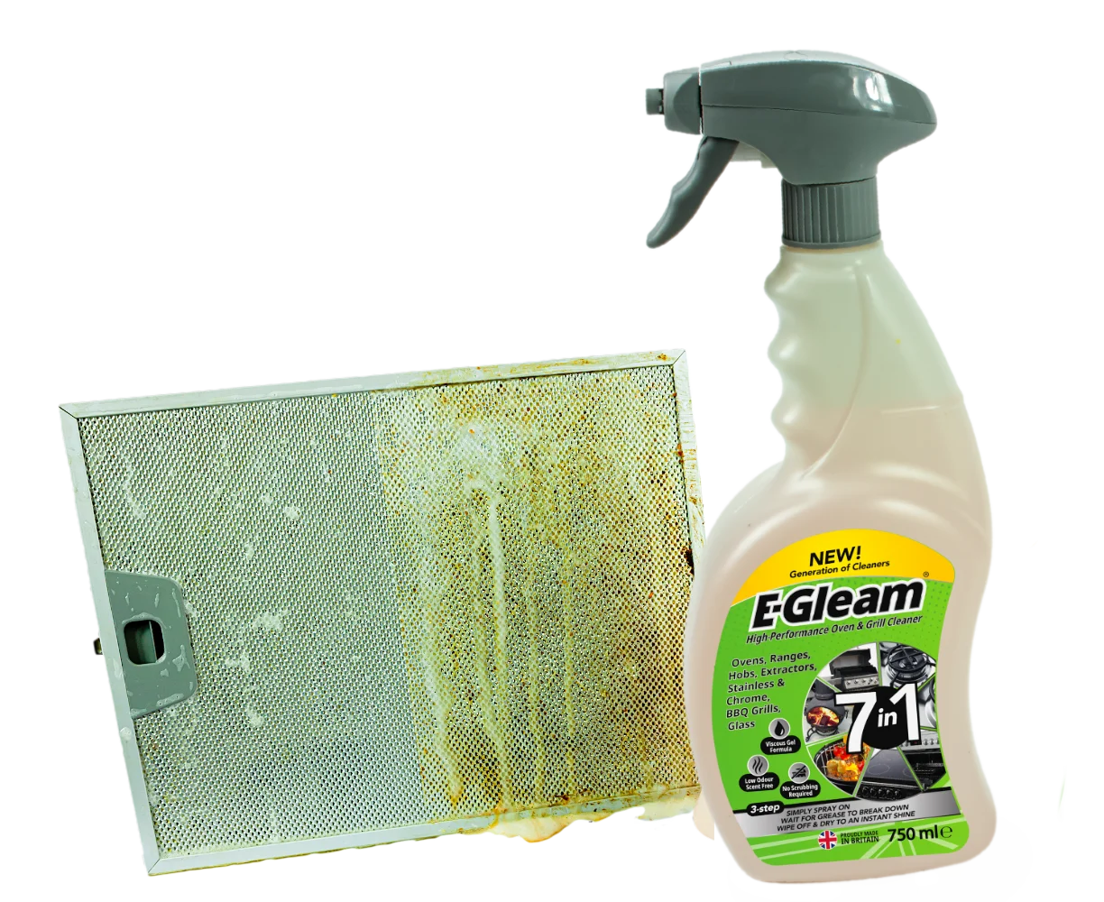 E-Gleam High-Performance Oven & Grill Cleaner shown with a grease filter after treatment